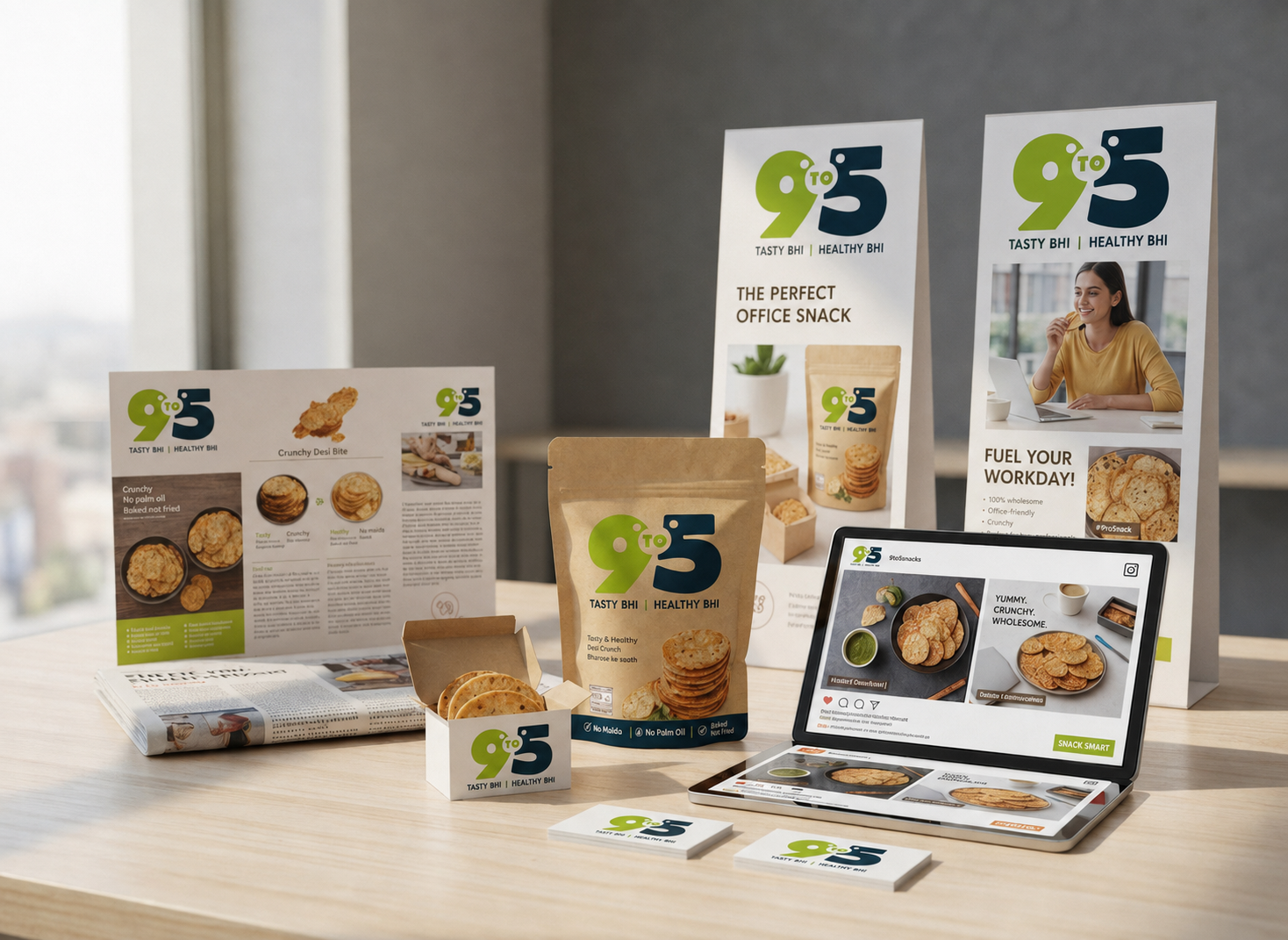 9 to 5 snack identity applied across packaging, print and digital brand touchpoints