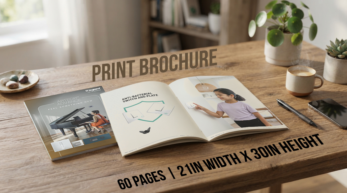 Final printed Legrand Myrius brochure on a table