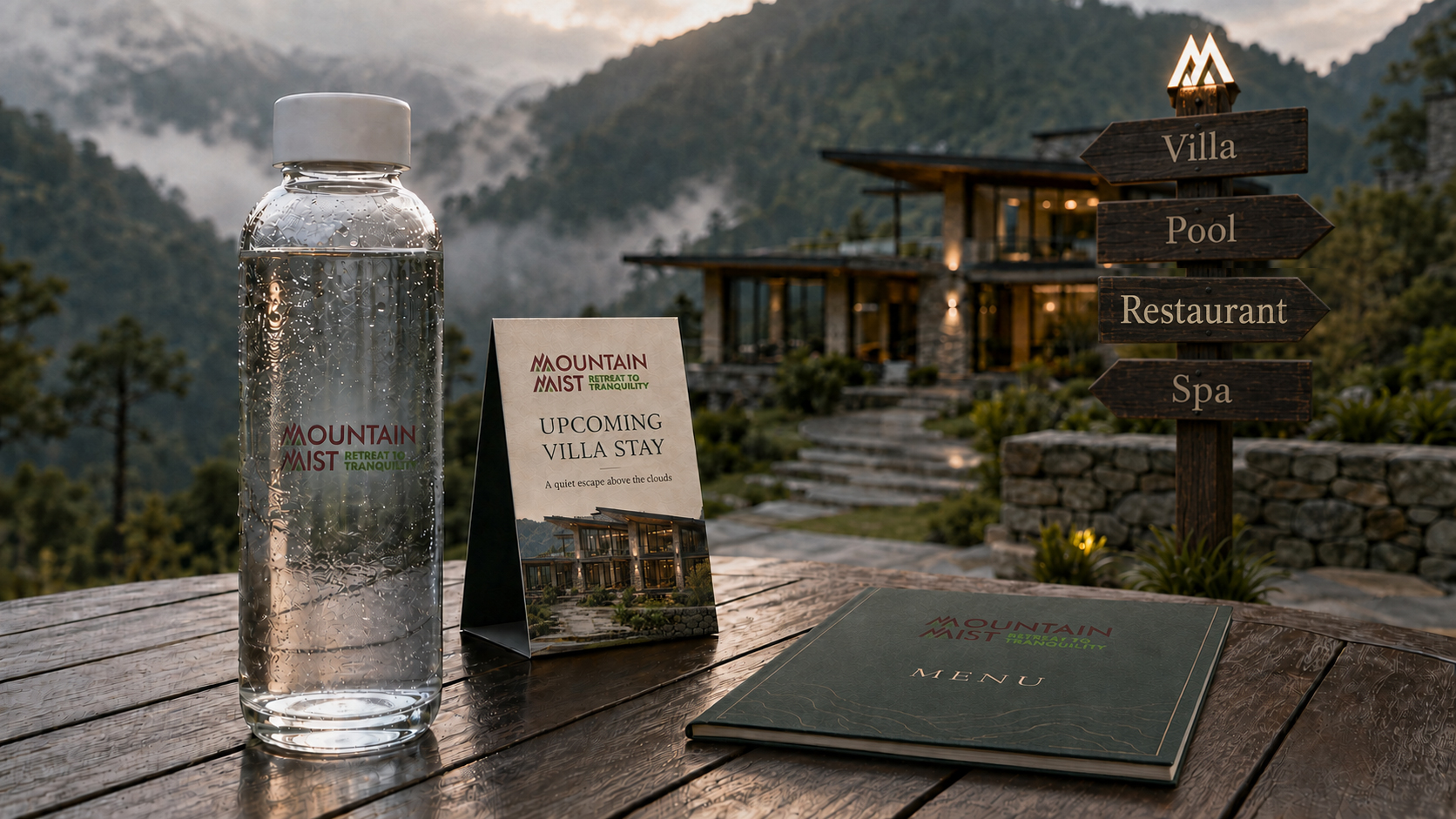 Mountain Mist villa experience with branded water bottle, menu, offer card and directional signage