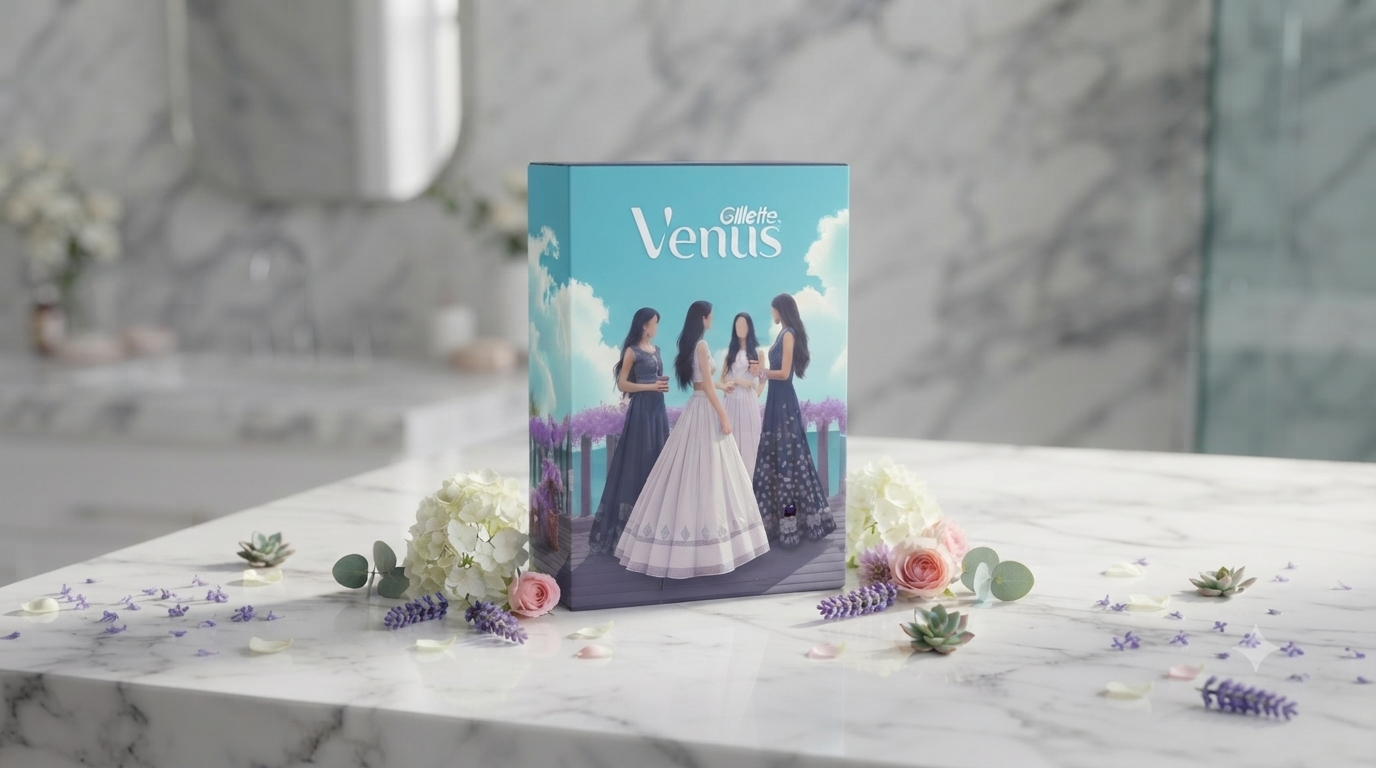 Gillette Venus closed gift box styled on a premium marble display