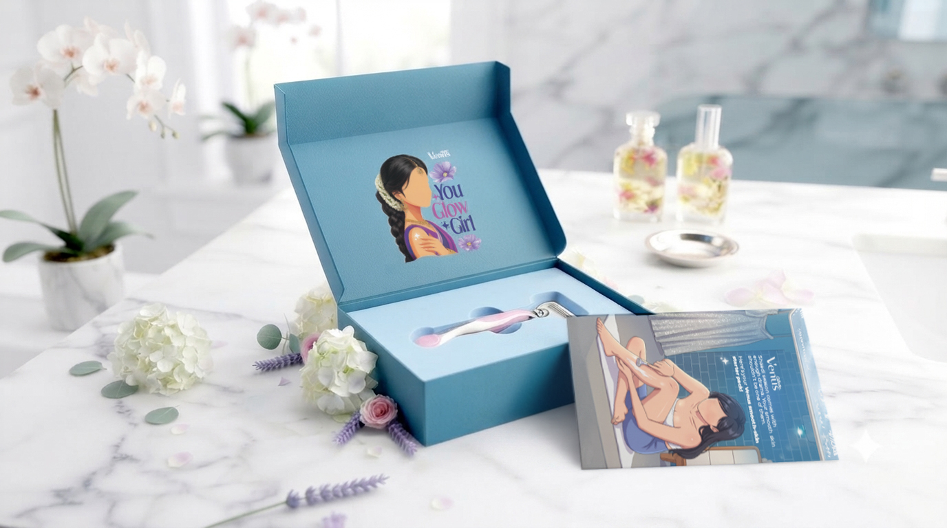 Gillette Venus open gift box styled with beauty accessories